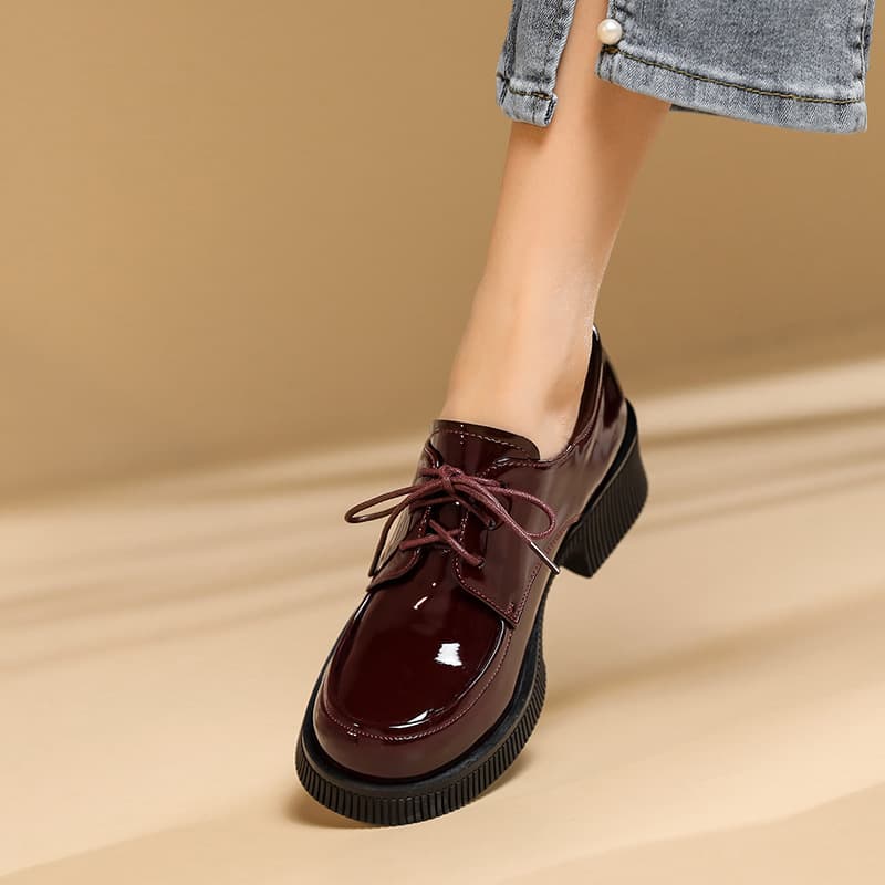 New Loafers Thick Sole Leather Shoes Women British Style Spring Retro Round Toe Chunky Heel Casual Shoes