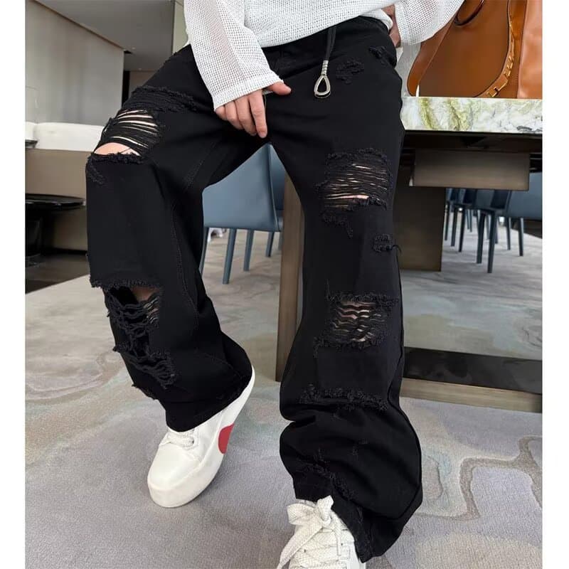 Cross-border Trade Exclusive Design Ripped Versatile Straight-leg Casual Fringed Jeans Unique Niche Fashion