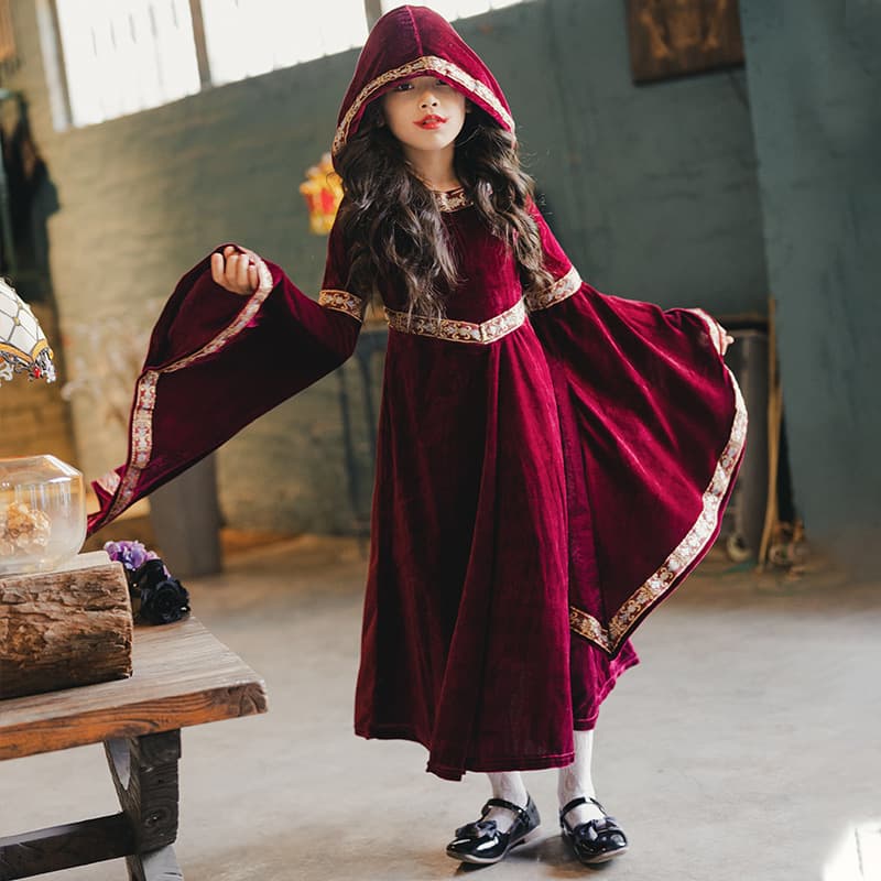 Halloween Kids Costume Vintage Court Children's Witch Little Red Riding Hood Long Sleeve Medieval Renaissance Dress