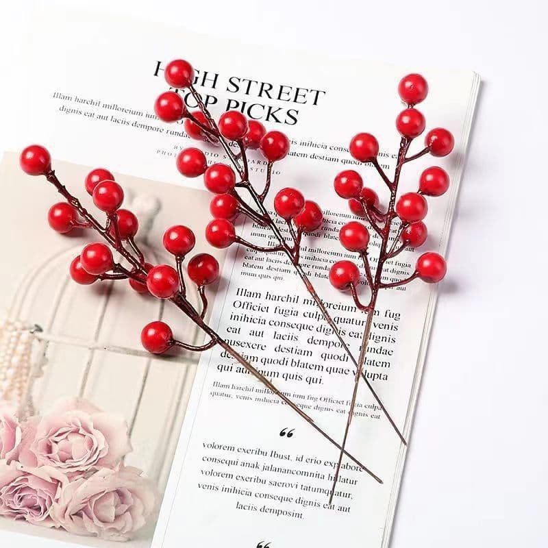 12-Head True Red Holly Berry, Acacia Red Berry, Auspicious Berry, Wealth Berry, Christmas Berry Decoration Accessories