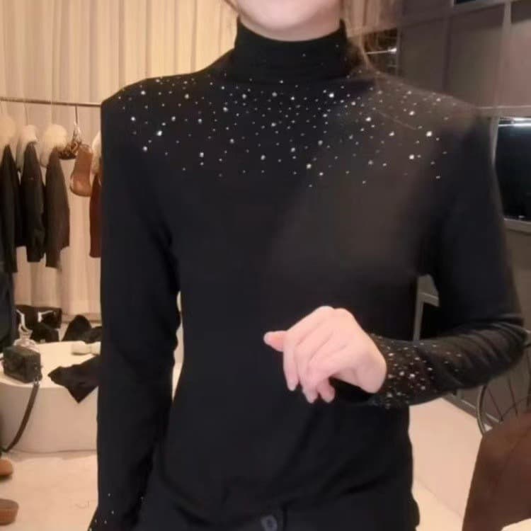 Dropshipping 2025 winter starry temperament bright shirt to cover the flesh and make you slim in autumn and winter, versatile half turtleneck, long sleeves for women
