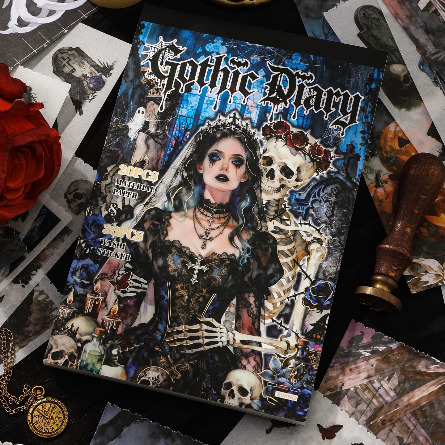 Xinmo Goth Diary Material Sticker Book Dark Night Series Gothic Dark Halloween Theme Pet Sticker Book
