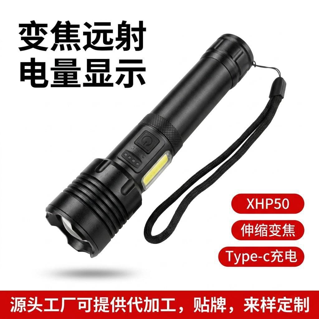 Cross-border new P50 strong light with COB side light white light red light USB rechargeable aluminum alloy waterproof P70 zoom flashlight