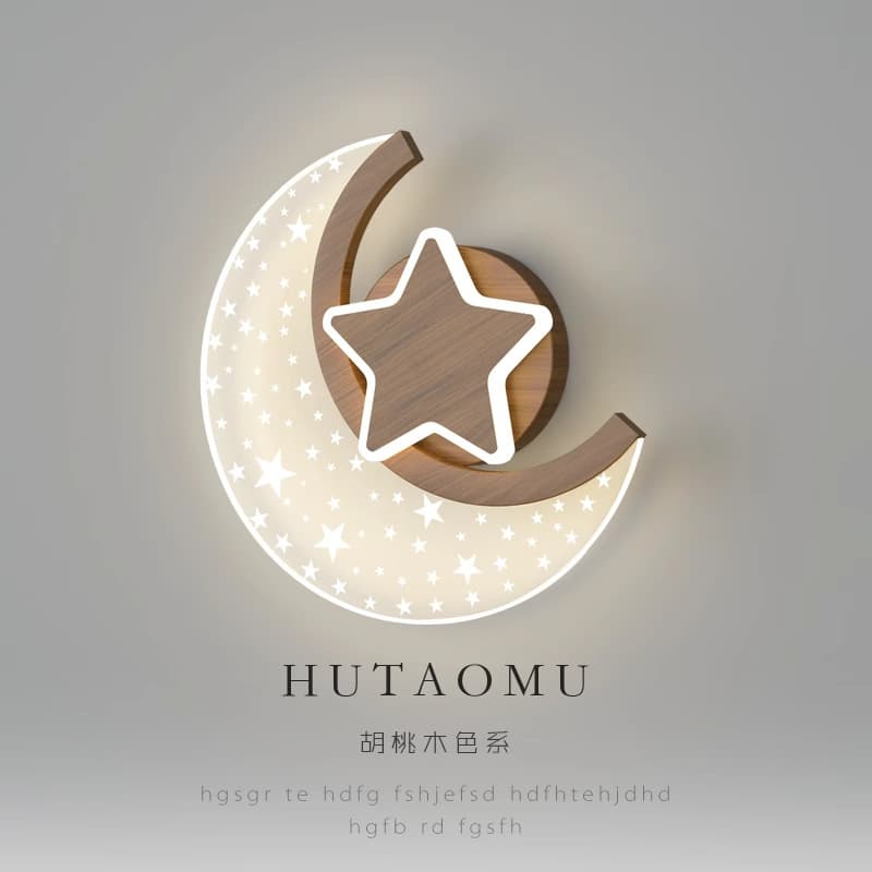 Creative Wood Grain Bedside Wall Lamp with Starry Sky Effect, Romantic Moon Design for Living Room and Children's Room