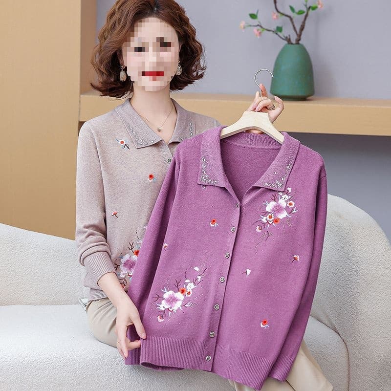 Mom Autumn Knit Cardigan Lapel Embroidery Middle-Aged and Elderly Women's Clothing Spring/Autumn Sweater Thin Jacket Top