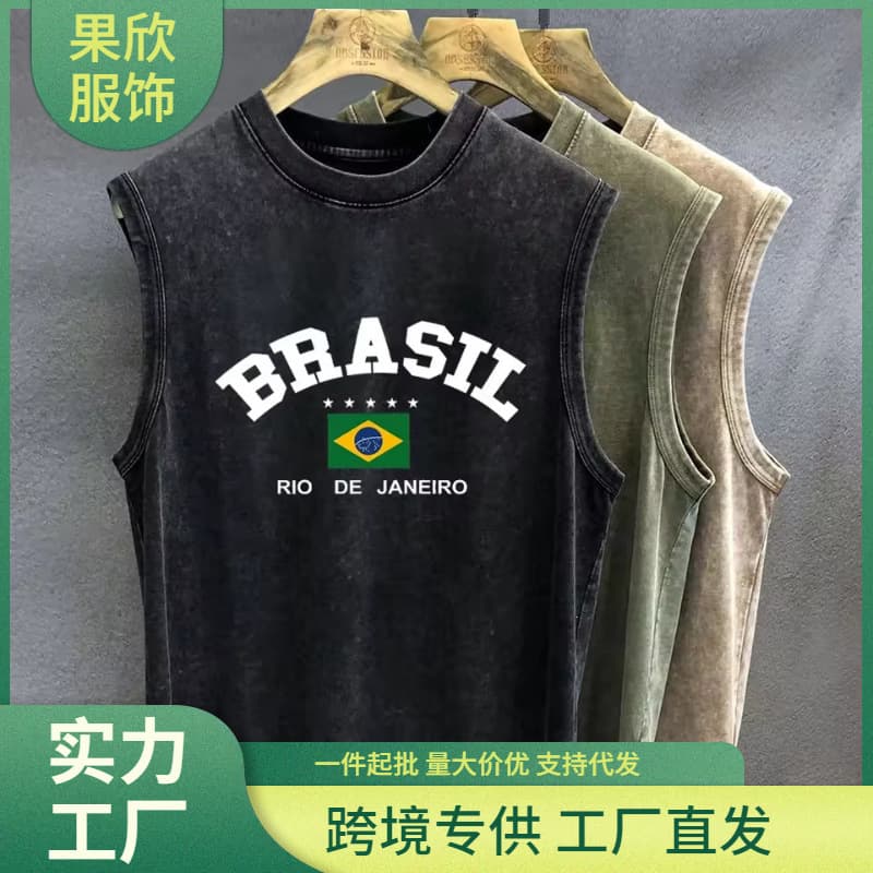 Oversized Men's T-Shirt Vintage Washed Brazil Graphic Print Vest Sleeveless Tank Top Women's Gym Y2K