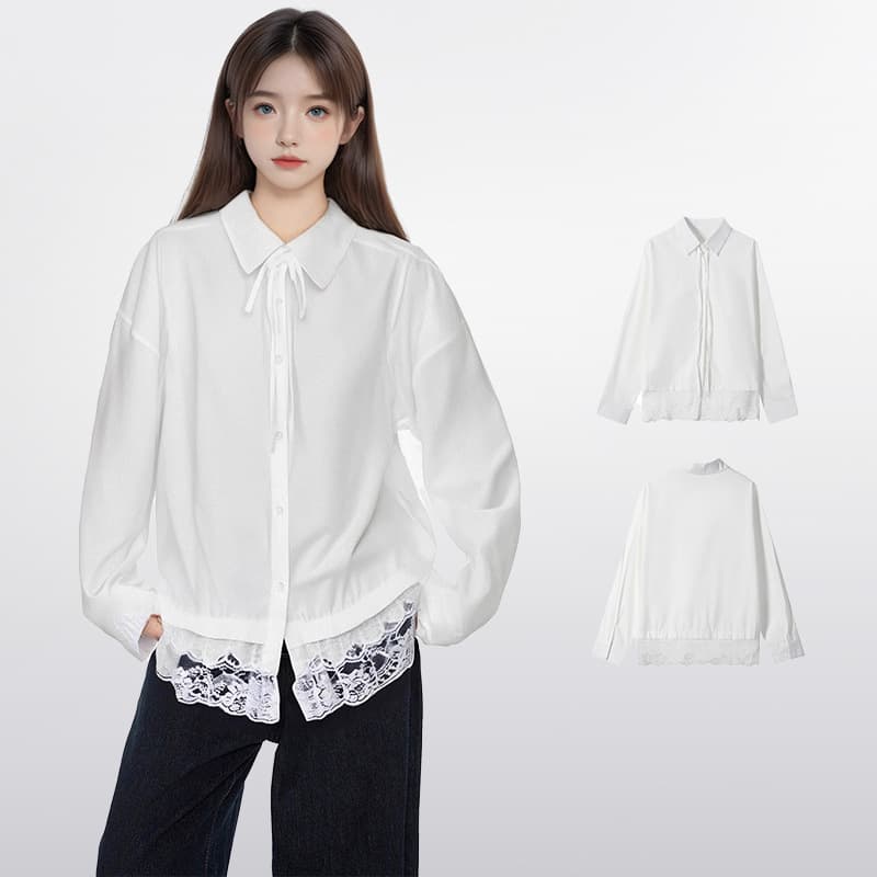 French white lace bow long-sleeved shirt for women spring and autumn design loose layered shirt jacket top