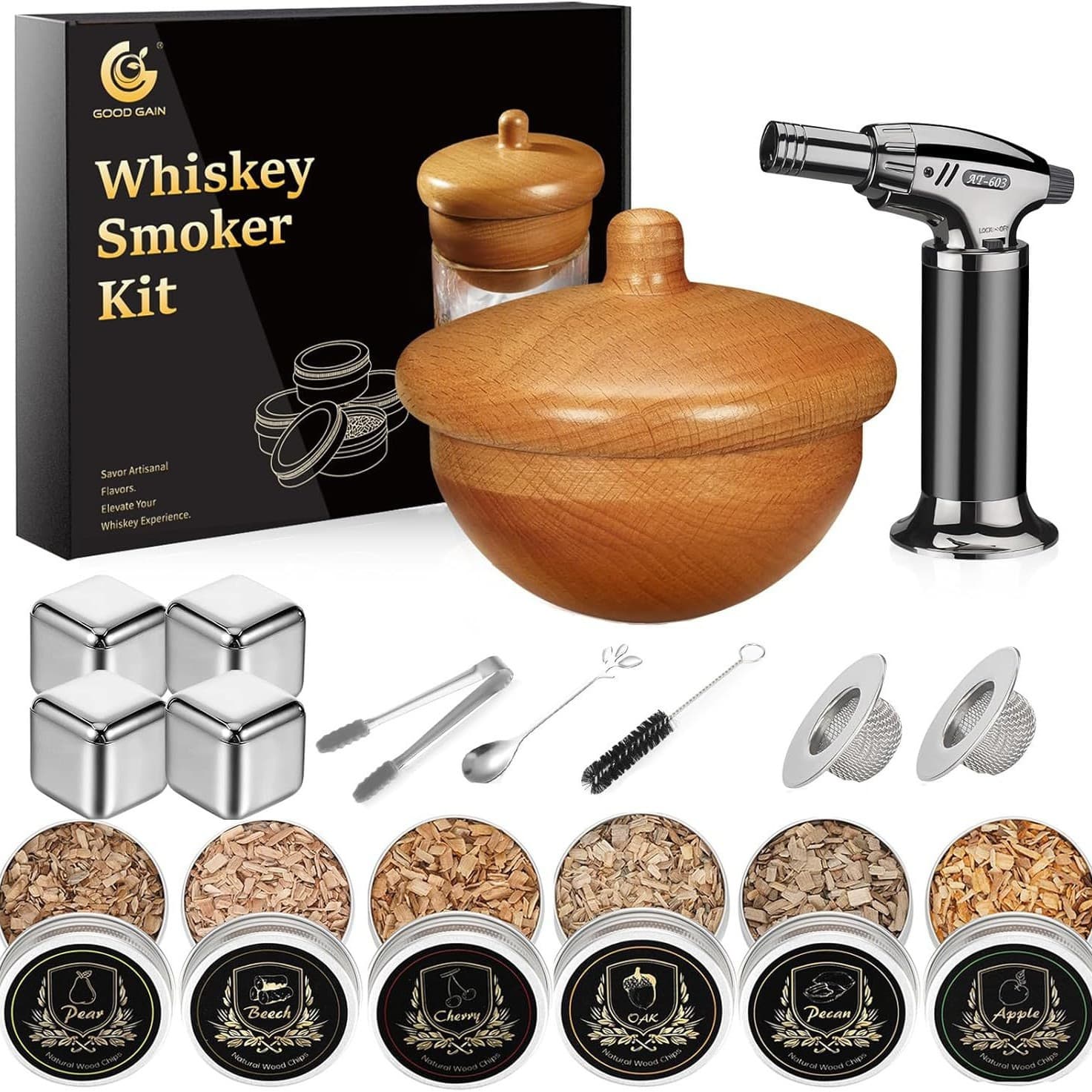 Whiskey Smoker Set Cocktail Smoker Wood Cover Smoker Wooden Shaker 6 Flavors Wood Chips