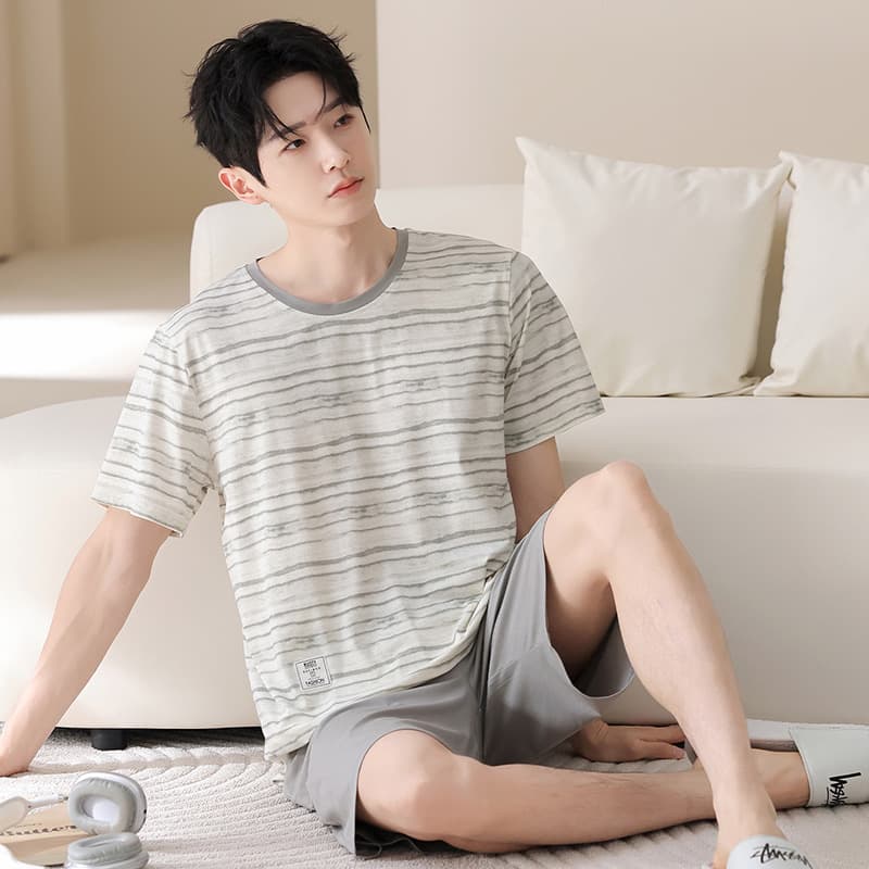 Men's Summer Thin Lyocell Cotton Short Sleeve Pajama Set, Plus Size Homewear, Wearable Outside
