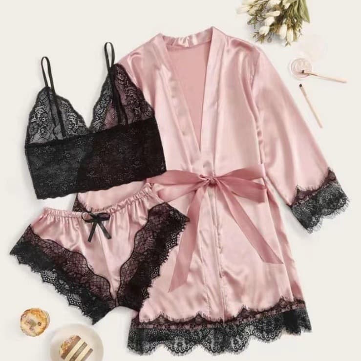 Sexy Large Size Lace Sheer Three-Piece Set Women's Chemise Nightgown Loungewear Spaghetti Strap Sleepwear Comfortable Underwear