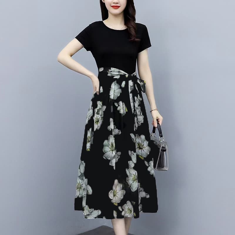 2025 New Summer Stylish Short-Sleeve Printed Dress Midi Waist-Defining Tummy-Control Dress