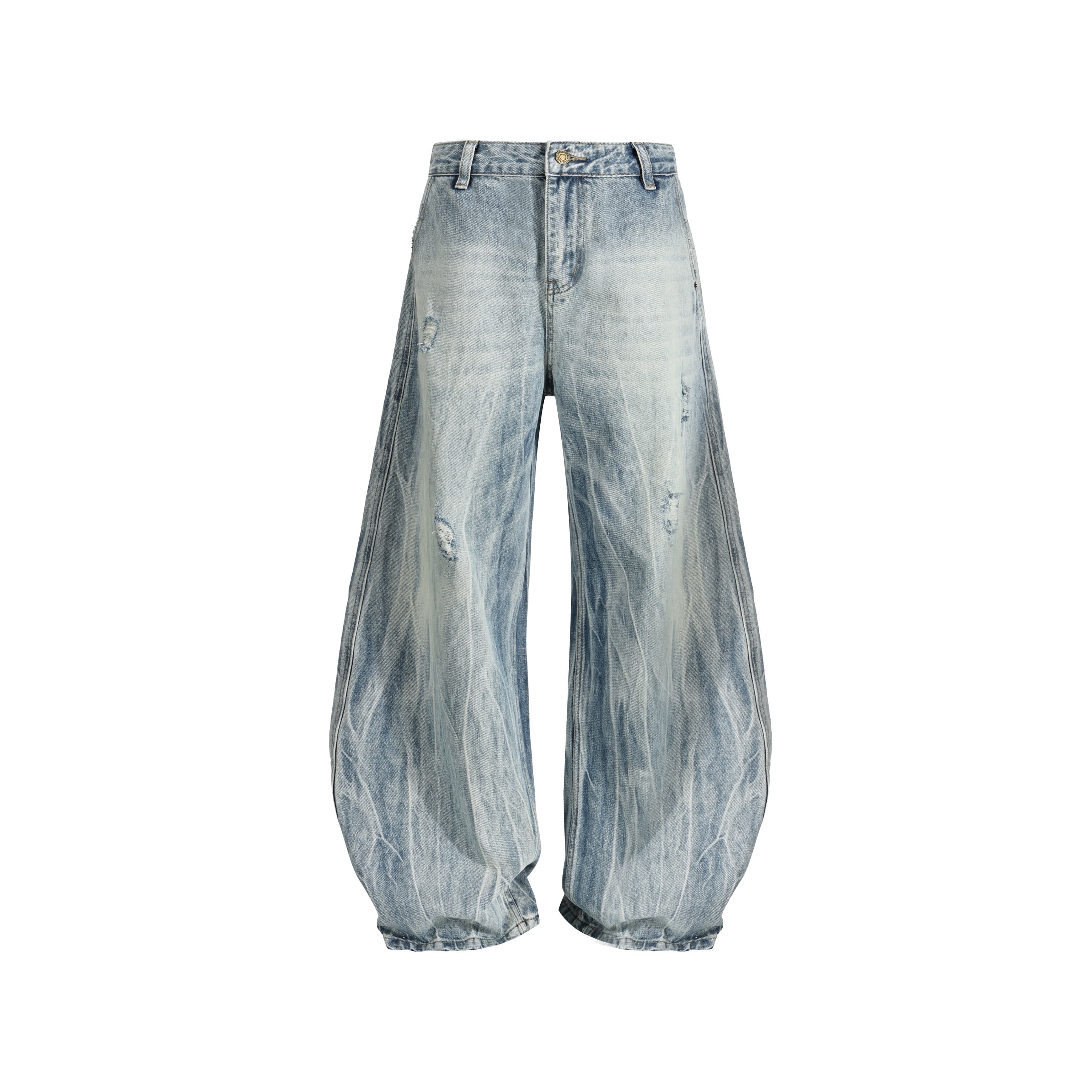 Baggy Jeans in Cracked Ice Blue with Whiskering and Vintage Wash, Versatile Couple's Long Pants, Loose Silhouette Wide-Leg Denim for Men and Women