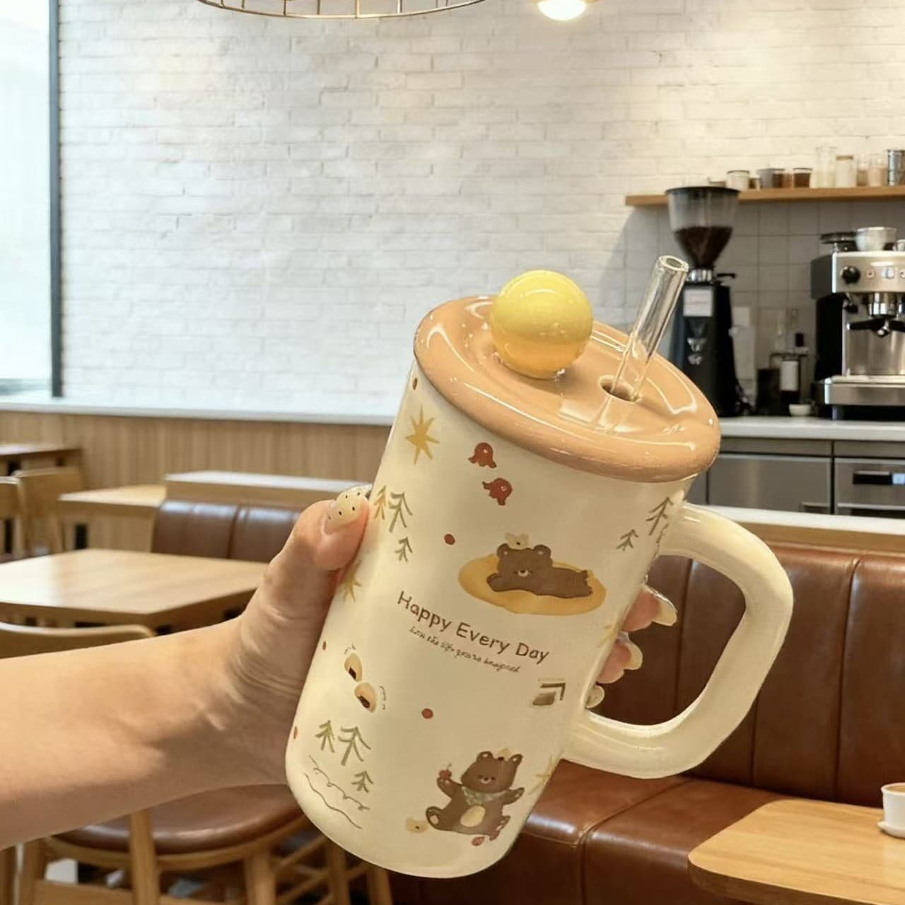 Cute Cartoon Doodle Ceramic Mug with Lid, Couple Drinking Cup for Men and Women, Coffee Cup Birthday Gift