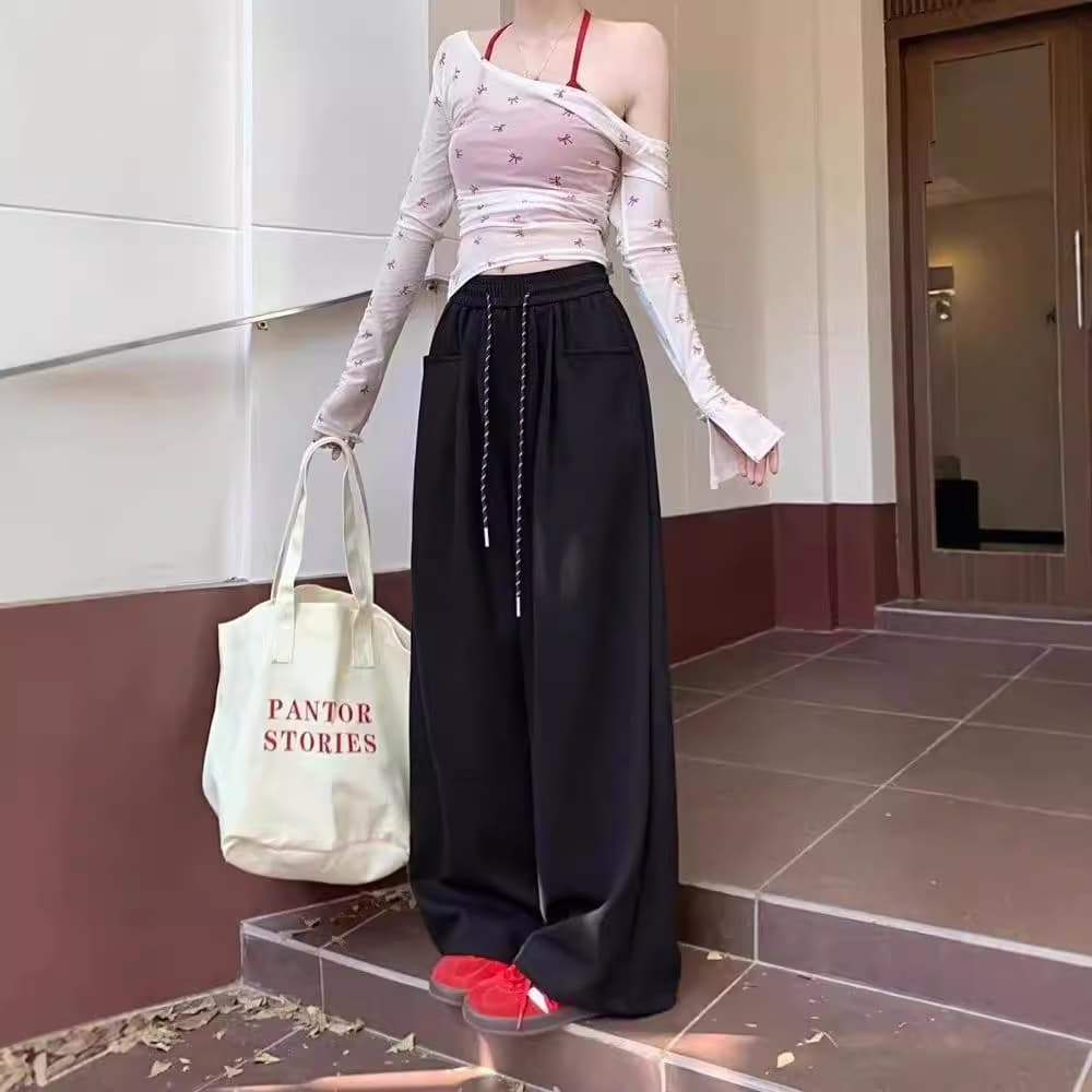 New Autumn Casual Pants for Women, Elastic Waist with Drawstring, Loose Wide-Leg Pants, Slimming Straight-Leg High-Waist Flowing Floor-Length Trousers