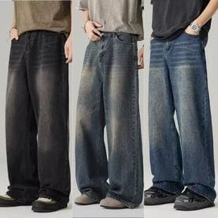 Cross-border Men's Jeans Southeast Asia Hot Selling Washed Wide Leg Jeans Men Vintage Retro Loose Straight Pants