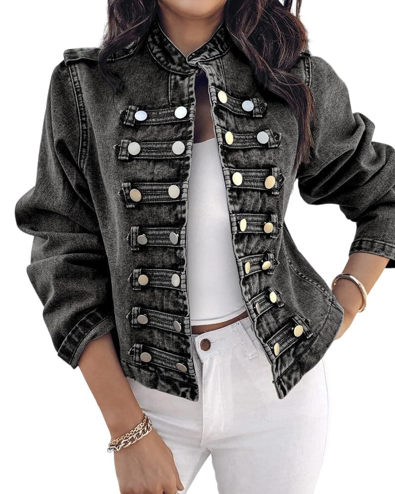 European and American British Retro Style Stand Collar Long Sleeve Button Decorated Cropped Denim Jacket Top for Women Cross-border Bestseller Trend