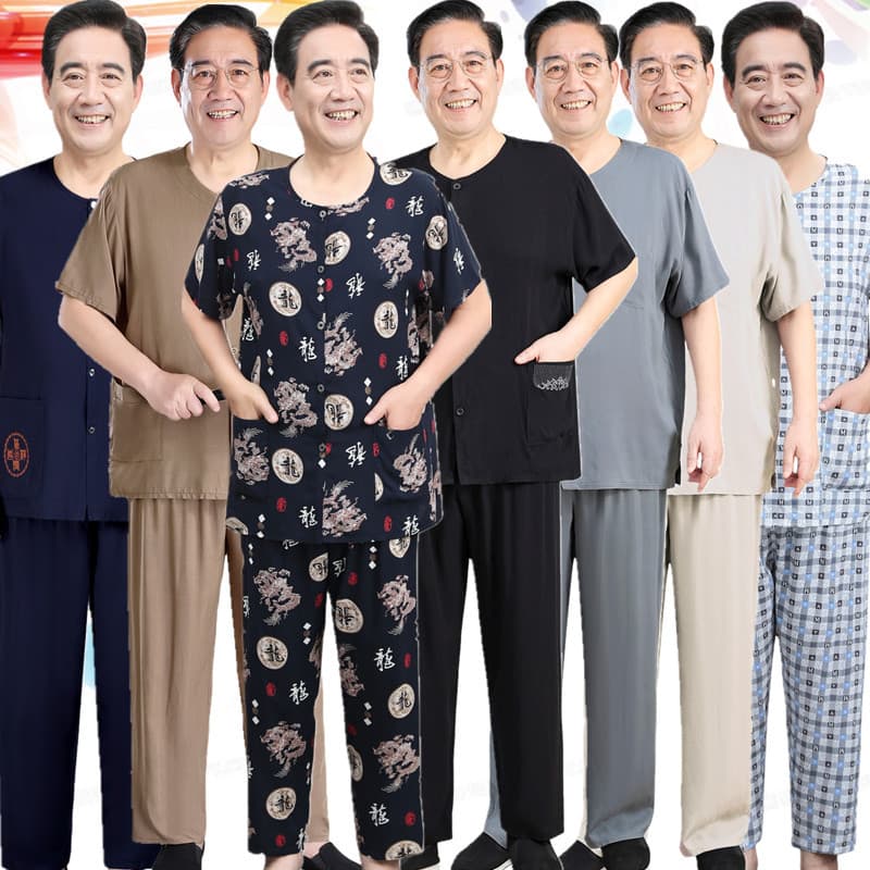 Father's Cotton Silk Sleepwear Set for Men, Middle-Aged and Elderly Summer Home Wear, Short Sleeve Rayon Cotton Two-Piece Set