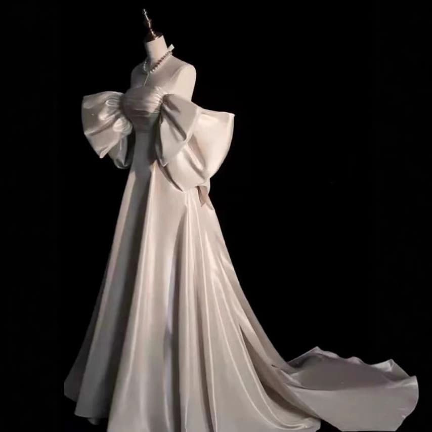 White Off-Shoulder Wedding Dress 2026 Korean Elegant Bow Bride Satin Reception Dress with Small Train