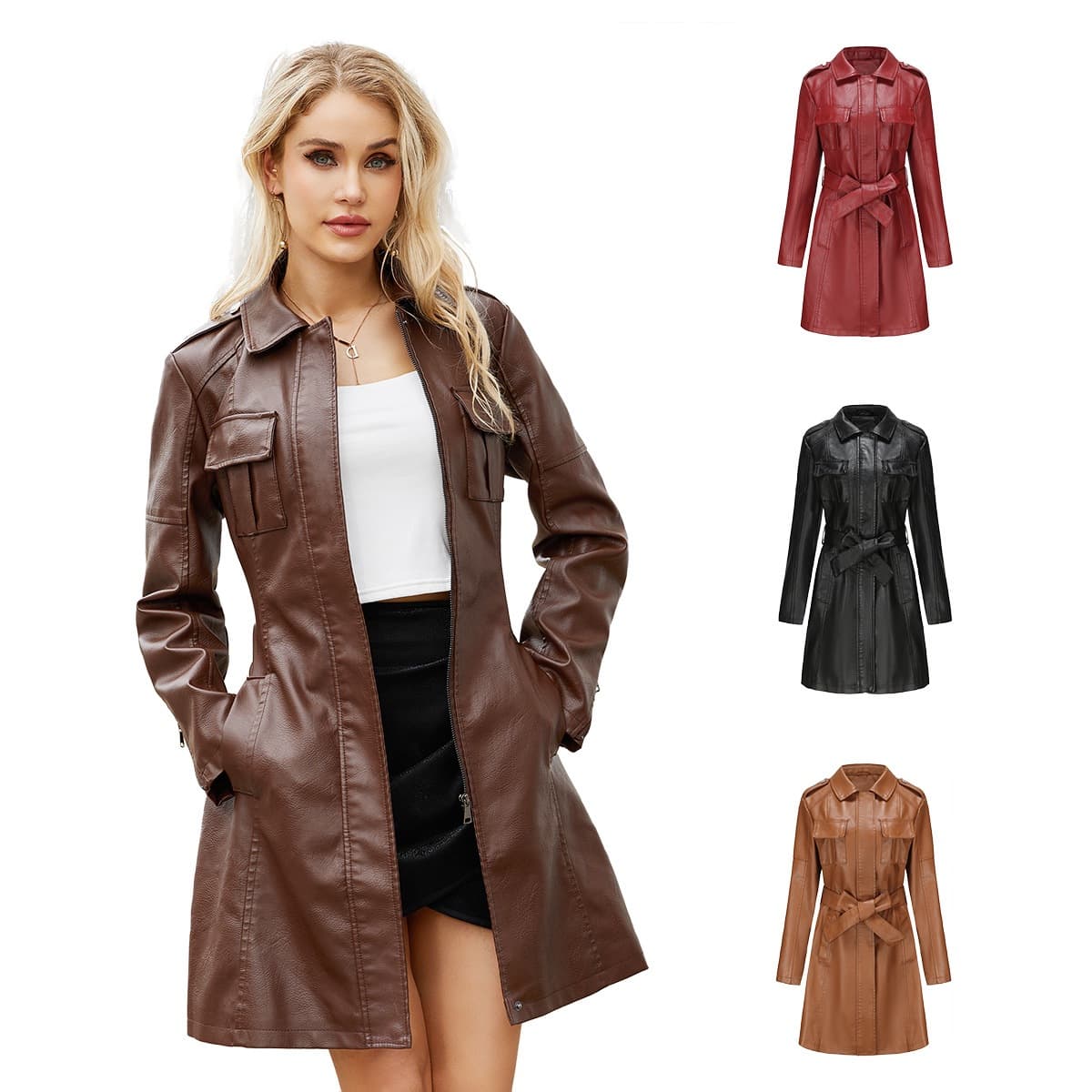 Hot Sale Of The Season New Women's Belted Mid-Length Leather Jacket Long Sleeve British Style Fashion Outerwear Coat with Pocket