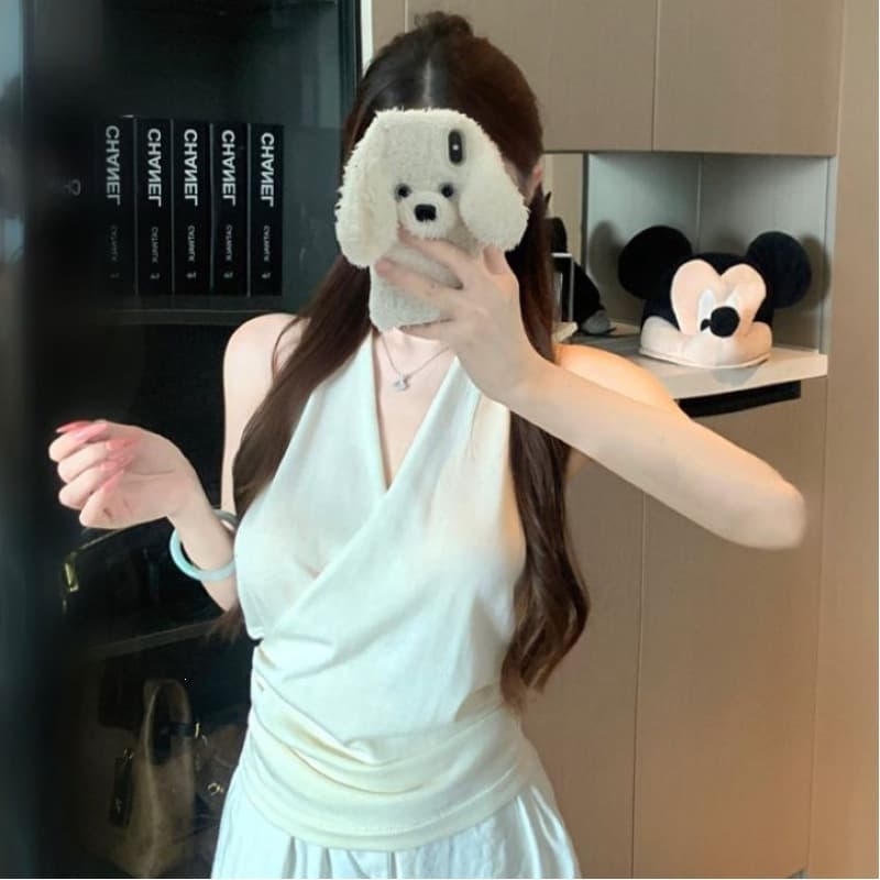 Women's summer high-end fashionable halter neck v-neck suspender knitted vest summer slim fit versatile short top