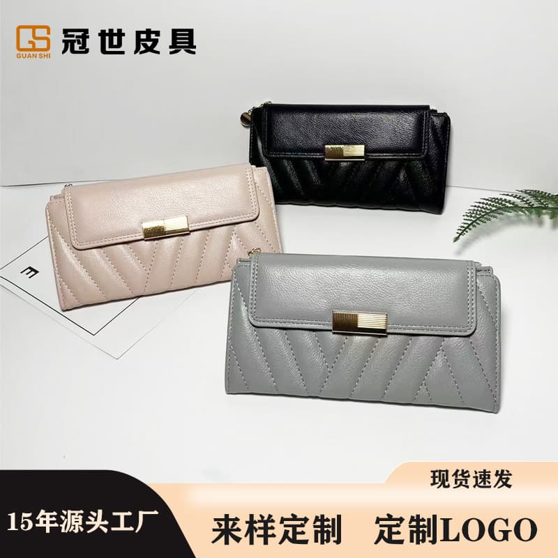 New Cross-Border Long Women's Wallet, Simple Solid Color, High-End Retro Embroidery, Tri-Fold Ladies Wallet, Wholesale Stock