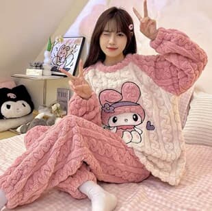 New Autumn/Winter Melody Raglan Sleeve Cartoon Cute Set Coral Fleece Thickened Warm Loungewear Set for Women