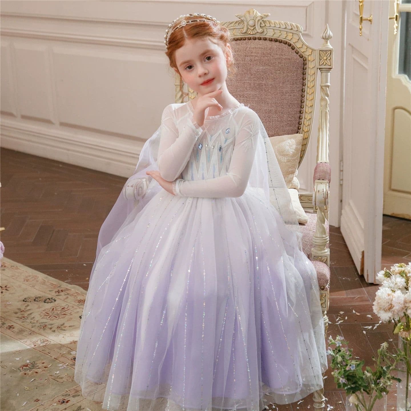 Girls Elsa Princess Dress Frozen Gradient Tulle Dress Children's Birthday Gown with Cape