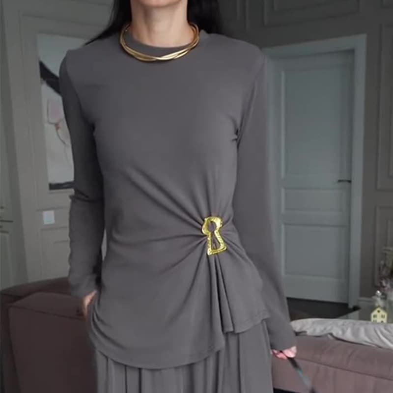 2025 Women's Cross-Border Amazon Europe and USA Gray Round Neck Pleated Long Sleeve Wide Leg Pants Simple Fashion Two-Piece Set