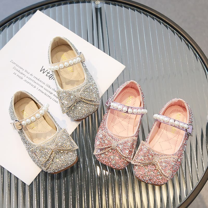 Princess Shoes Small/Medium Kids Flats 2025 Summer New Rhinestone Bow Model Performance Crystal Flats Baby Shoes