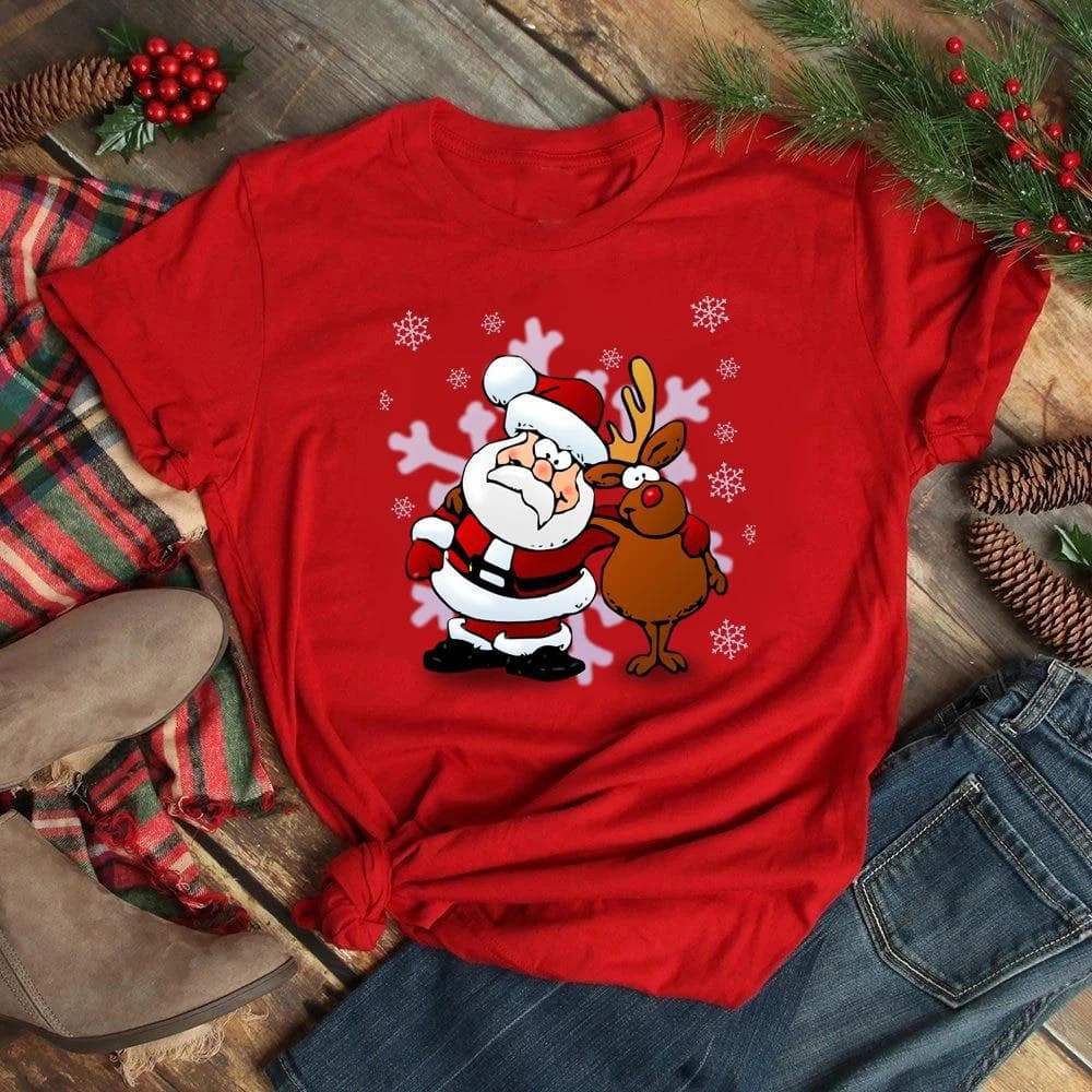 Funny Christmas Elk Print Women's T-Shirt Short Sleeve