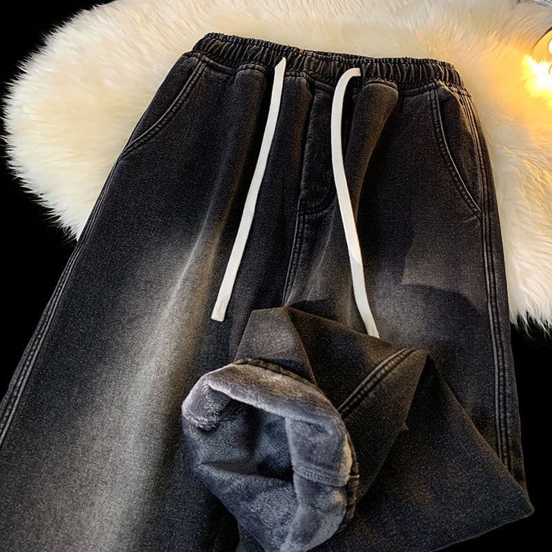 Belted Jeans for Men, American Retro Fleece-Lined Straight-Leg Pants, Ins Trendy Brand Student Casual Wide-Leg Thickened Style