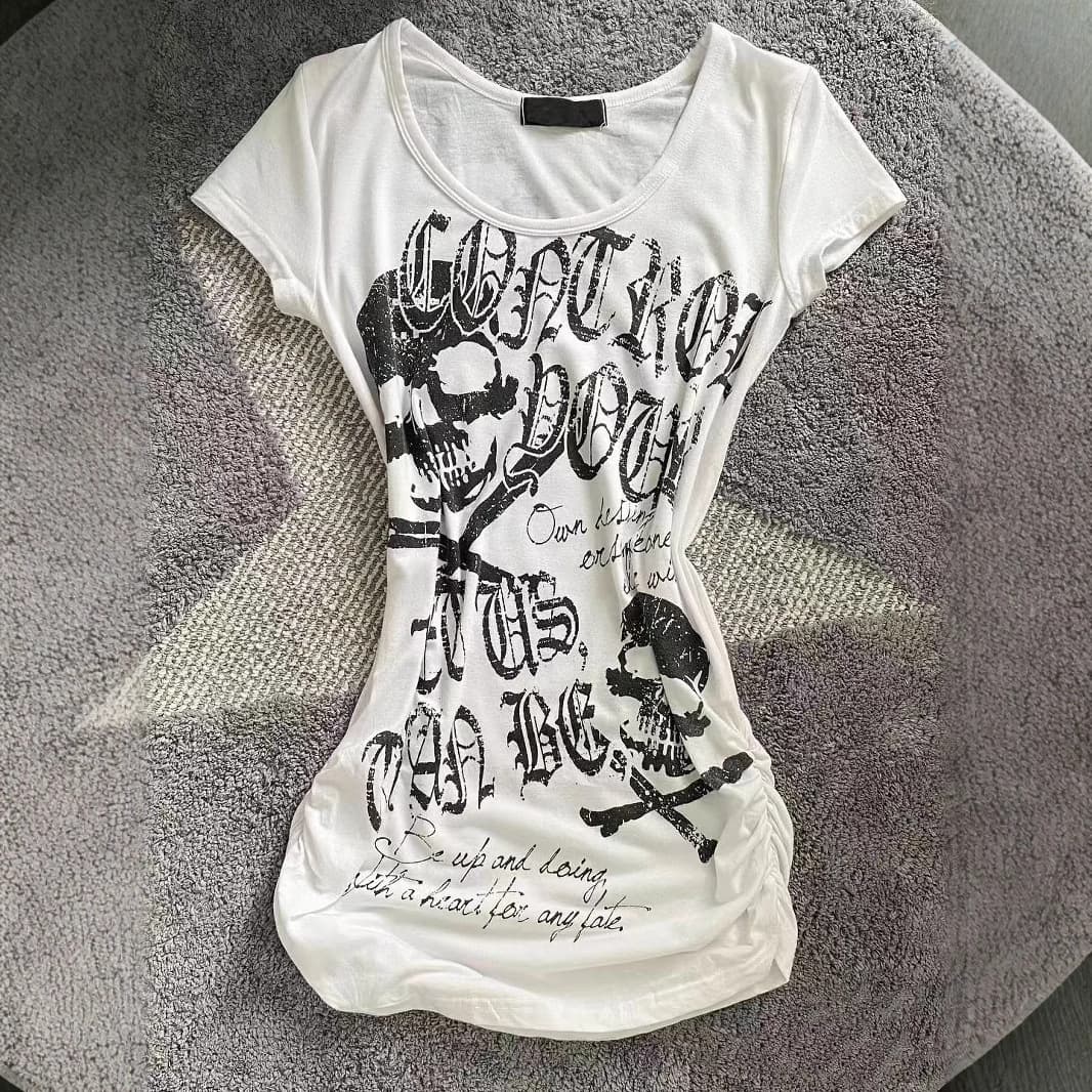 Retro Hot Girl Vintage Punk Rock Short Sleeve Waist Cinched Skull Head Print American Style Top Women's T-shirt Crew Neck