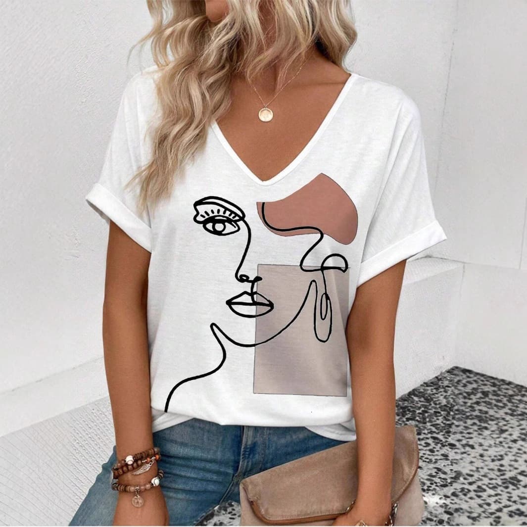 Summer Women's New Line Print V-Neck T-Shirt Loose Casual Print 2025 European and American Style Top