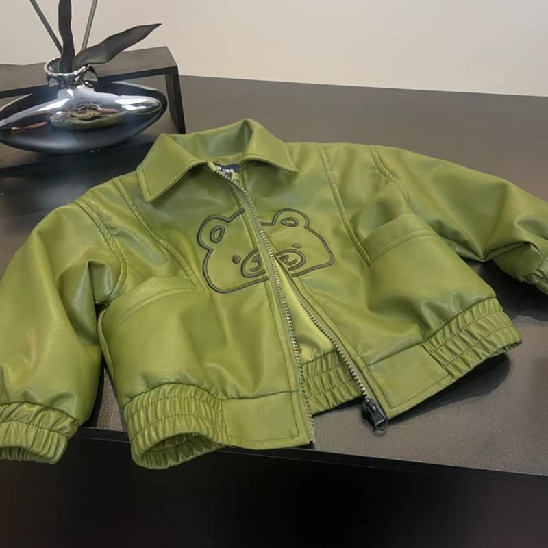 Children's Leather Jacket 2025 Spring/Autumn Korean Style Casual Boys Girls Bear Leather Jacket Top