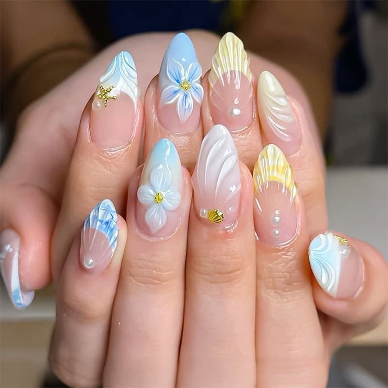 30 pieces of three-dimensional wearable nails 3d flowers ocean wearable manicure starfish shell pearl almond fake nails wholesale