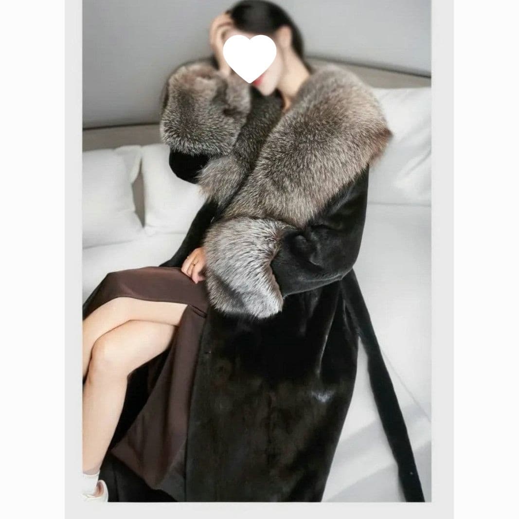 New Year Battle Robe Cross Mink Fur Coat with Fox Fur Collar Over-the-Knee Long Faux Fur Cotton Coat