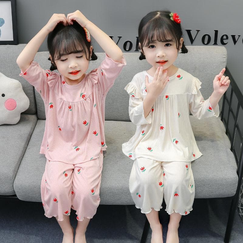 Girls Summer Ice Silk Three-Quarter Sleeve Pajamas, Air Conditioning Wear, Cute Princess Thin Homewear Set
