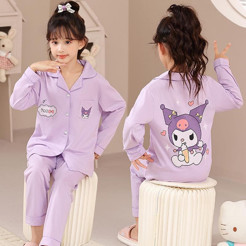 Korean style children's pajamas cotton long sleeve thin girl girl's big children cartoon baby cardigan home wear suit