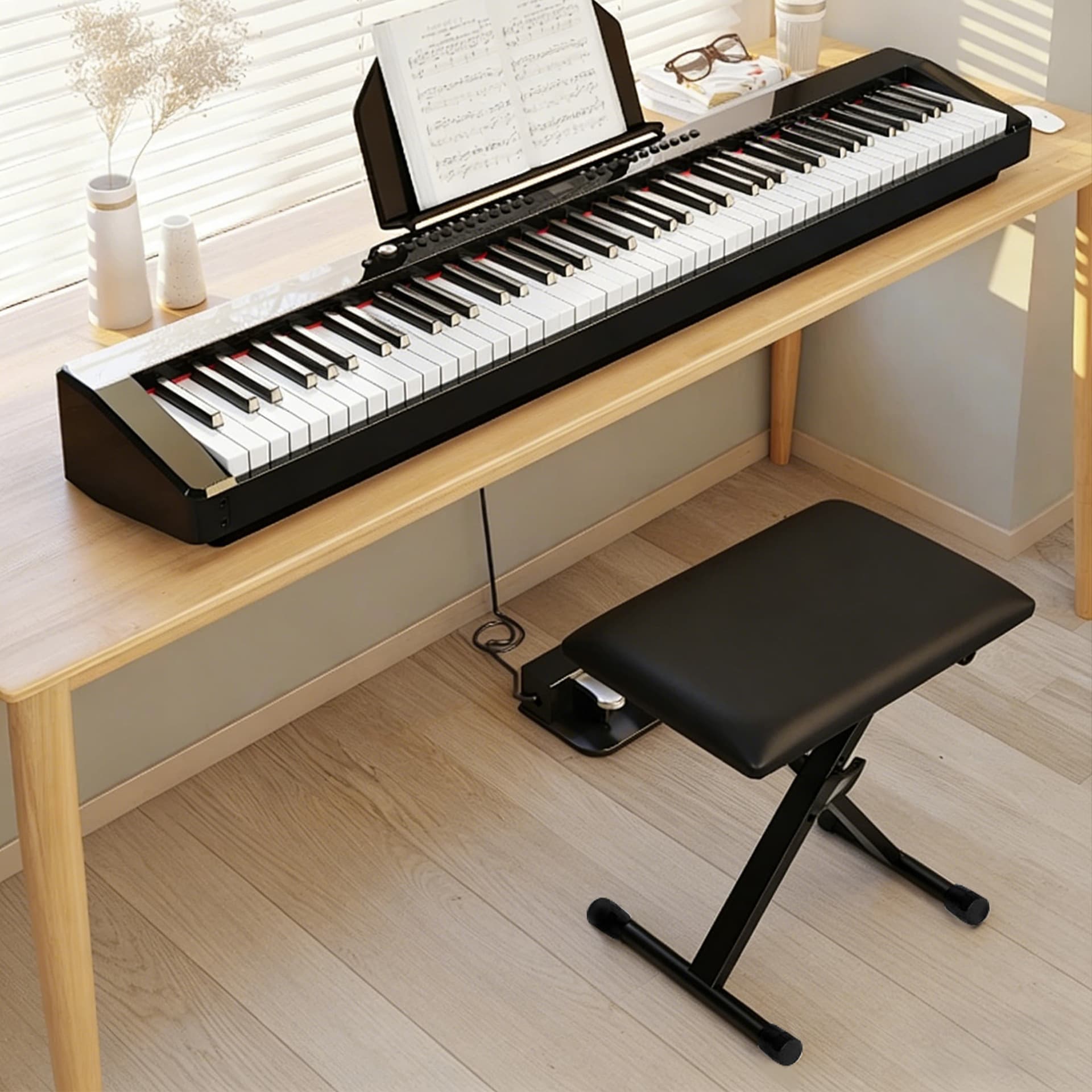 Cross-border Adjustable X-Frame Keyboard Bench, 4-Level Height Adjustment, Sponge Cushion, Portable Folding Piano Stool for Electronic Keyboard and Guzheng