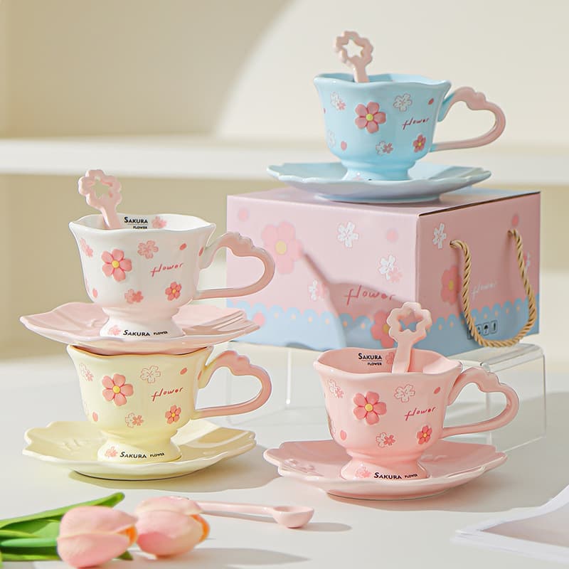 High Appearance Cherry Blossom Relief Mug, Creative and Cute, Household Ceramic Coffee Cup with Saucer, Gift