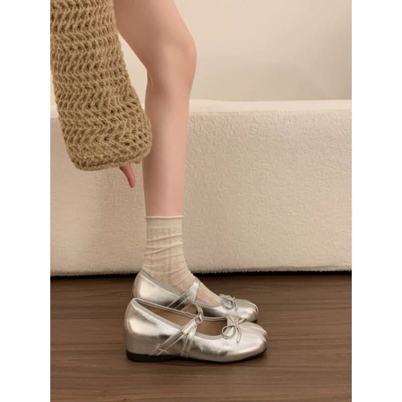 Genuine Leather Thick Sole Silver Shoes for Women, 2026 New Spring/Summer, Pair with Dresses, Ballet Style Mary Jane Leather Shoes