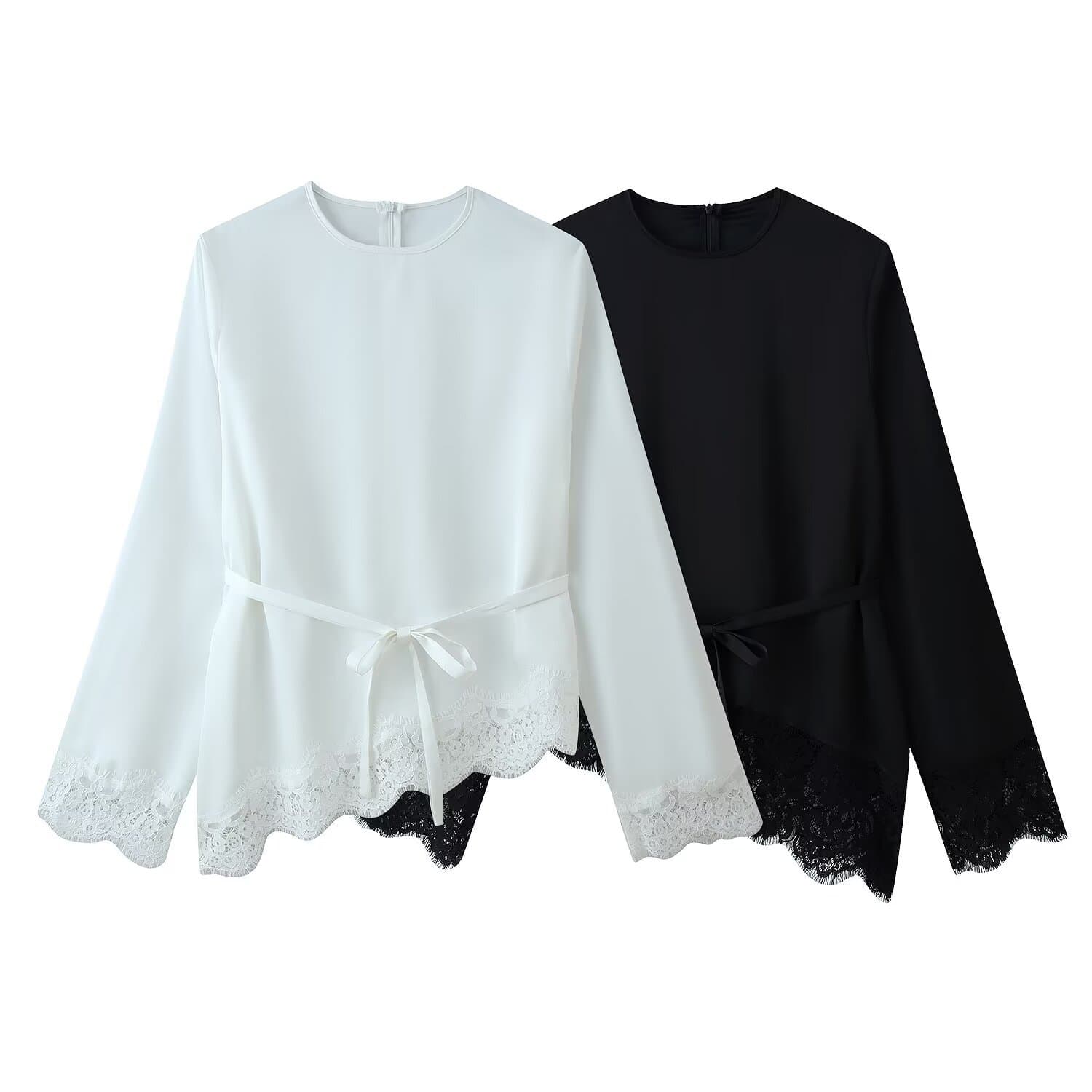 BSK&TRAF Women's 2026 Summer New Arrival Commuter Style Fashion Elegant Lace Trim Satin Long Sleeve T-Shirt
