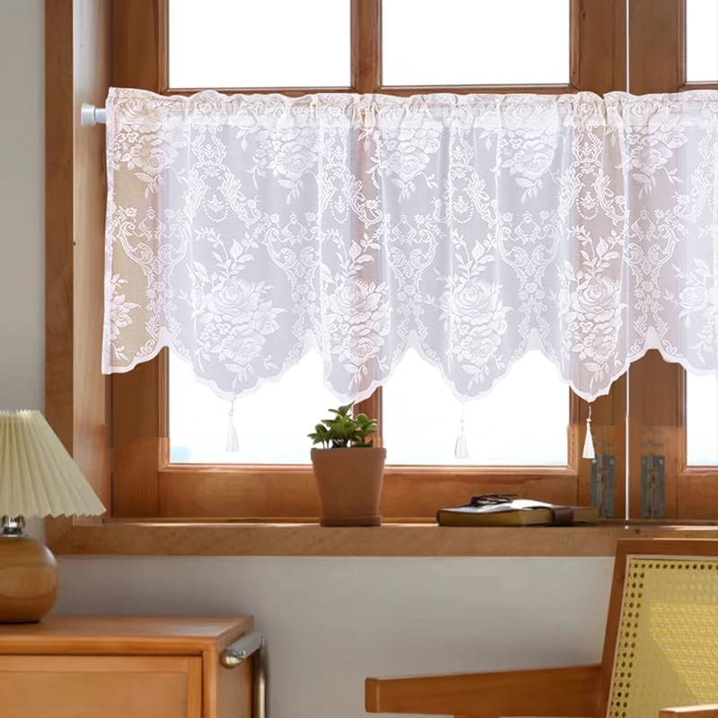 Factory Direct Fine Knit Lace Curtain Rod Pocket Short Curtain with Tassels Finished Product for Export Cross-border Home Use