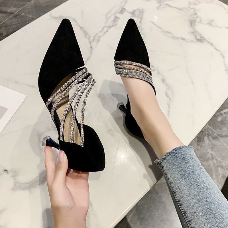 Jinbukang French High Heels Women's Designer Chic Niche Elegant Dress Shoes Rhinestone Pointed Toe Thin Heel Pumps
