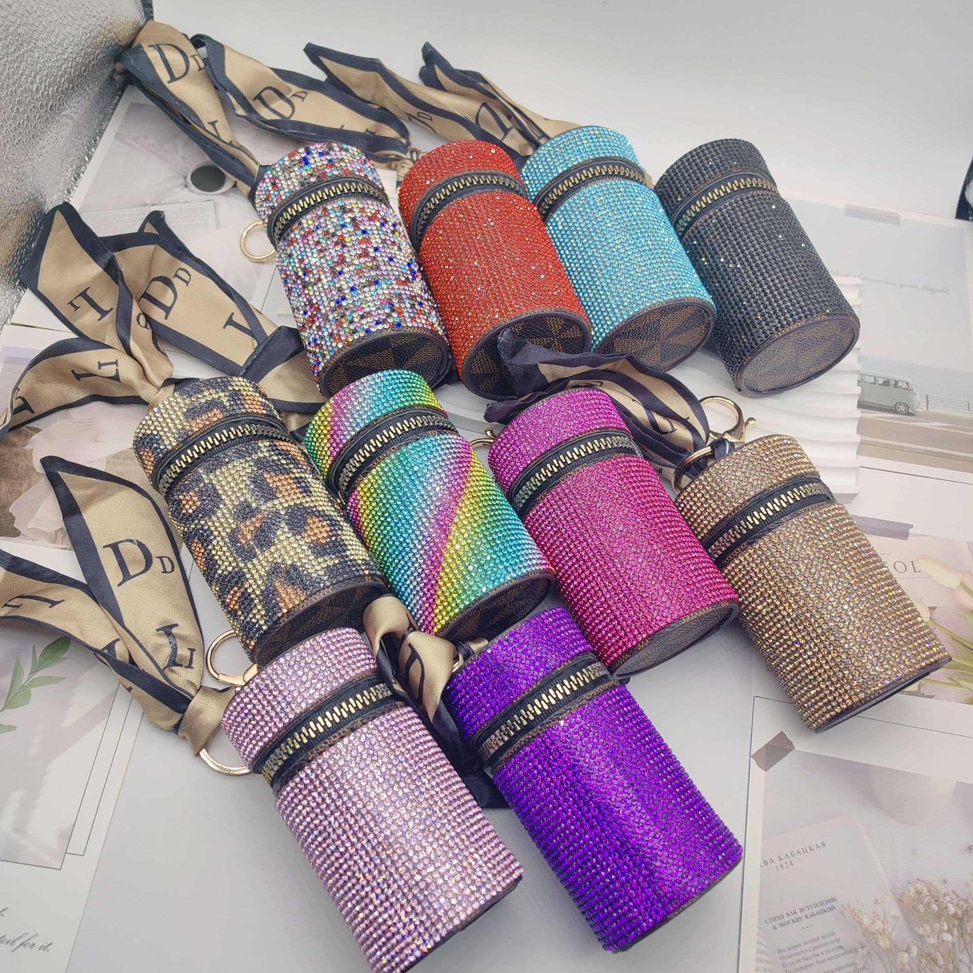 Cross-border Trade PU Leather Rhinestone Lipstick Bag Pendant Fashion Women's Mini Storage Bag Keychain