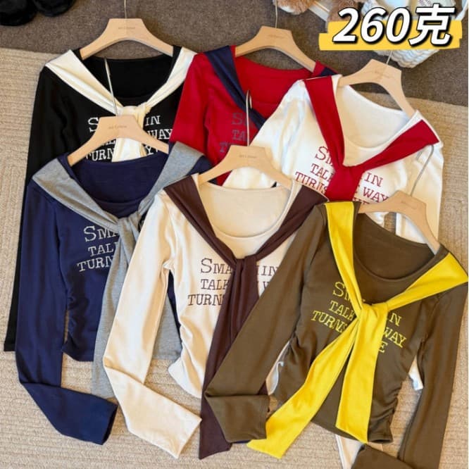 5177# Designer Tie Shawl with Color Blocking Letter Embroidery Slim Fit Casual Top with Chest Pads Long Sleeve T-Shirt