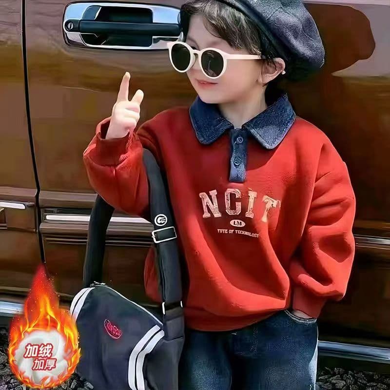 Children's Red Fleece Sweatshirt, Boys and Girls Thickened Turn-down Collar New Year Top, Baby Polo Warm Clothing for Autumn and Winter