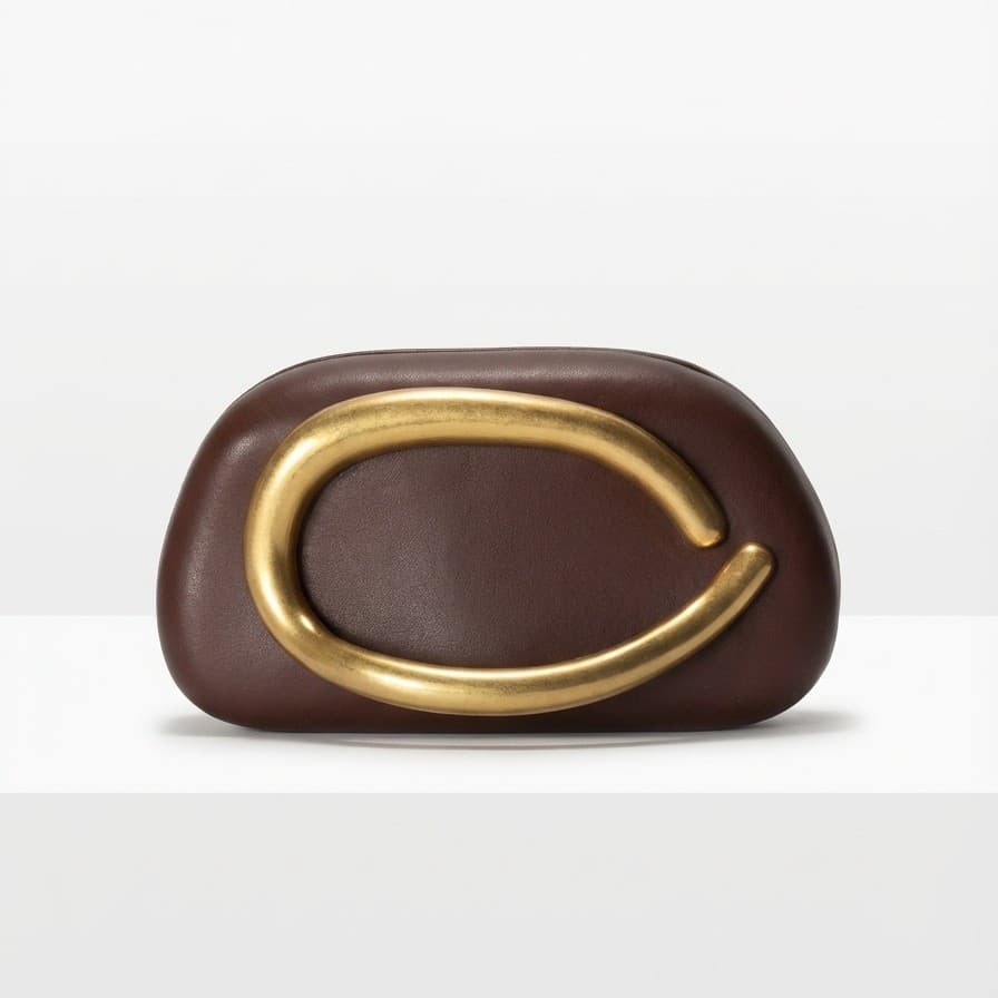 Retro brown cowhide metal C-buckle clutch bag, light luxury socialite dinner handbag, cross-border e-commerce niche girl