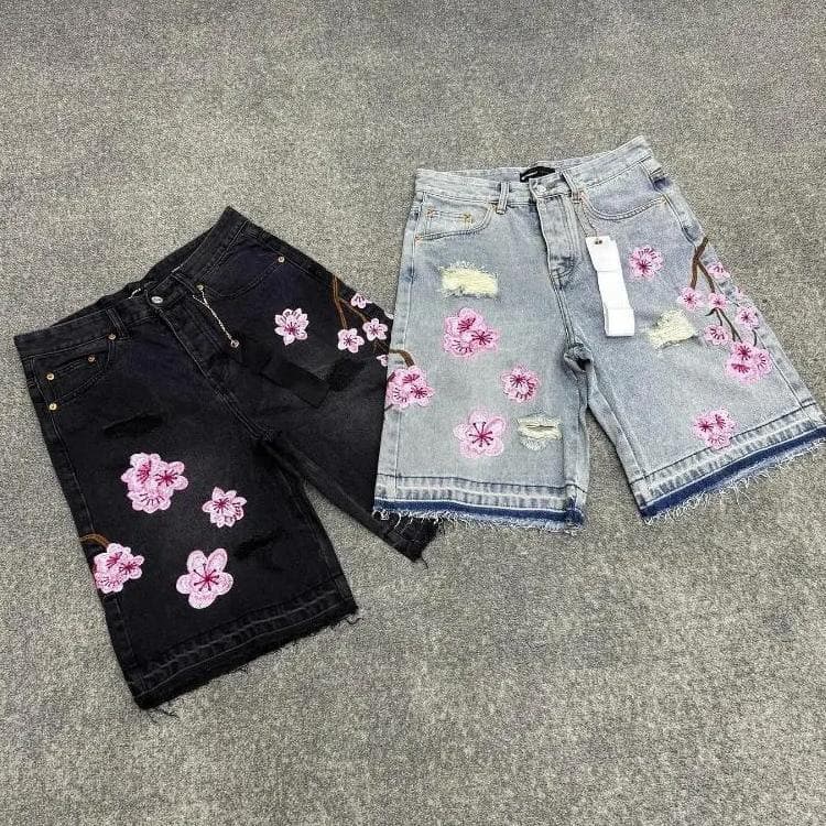 Personalized Street Sakura Embroidered Denim Shorts Cross-border Ripped Raw Hem Design Trendy Mid-length Loose Five-point Shorts