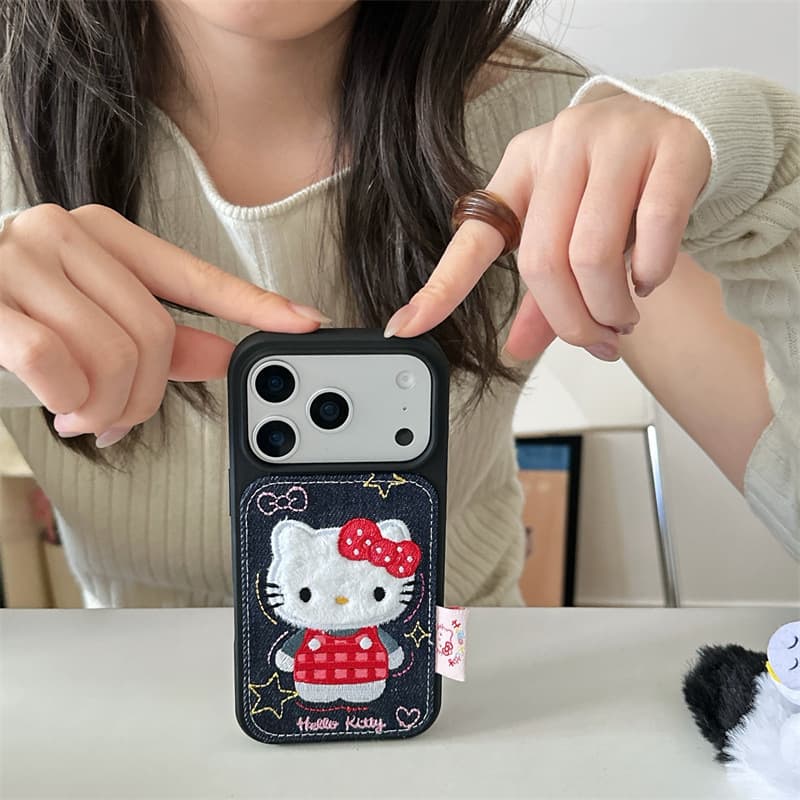 ins Sweet Cool Dark Blue Denim Embroidered KT Cat Phone Case for iPhone 17 Apple 16 Pro Max/15 Case 14 Trendy